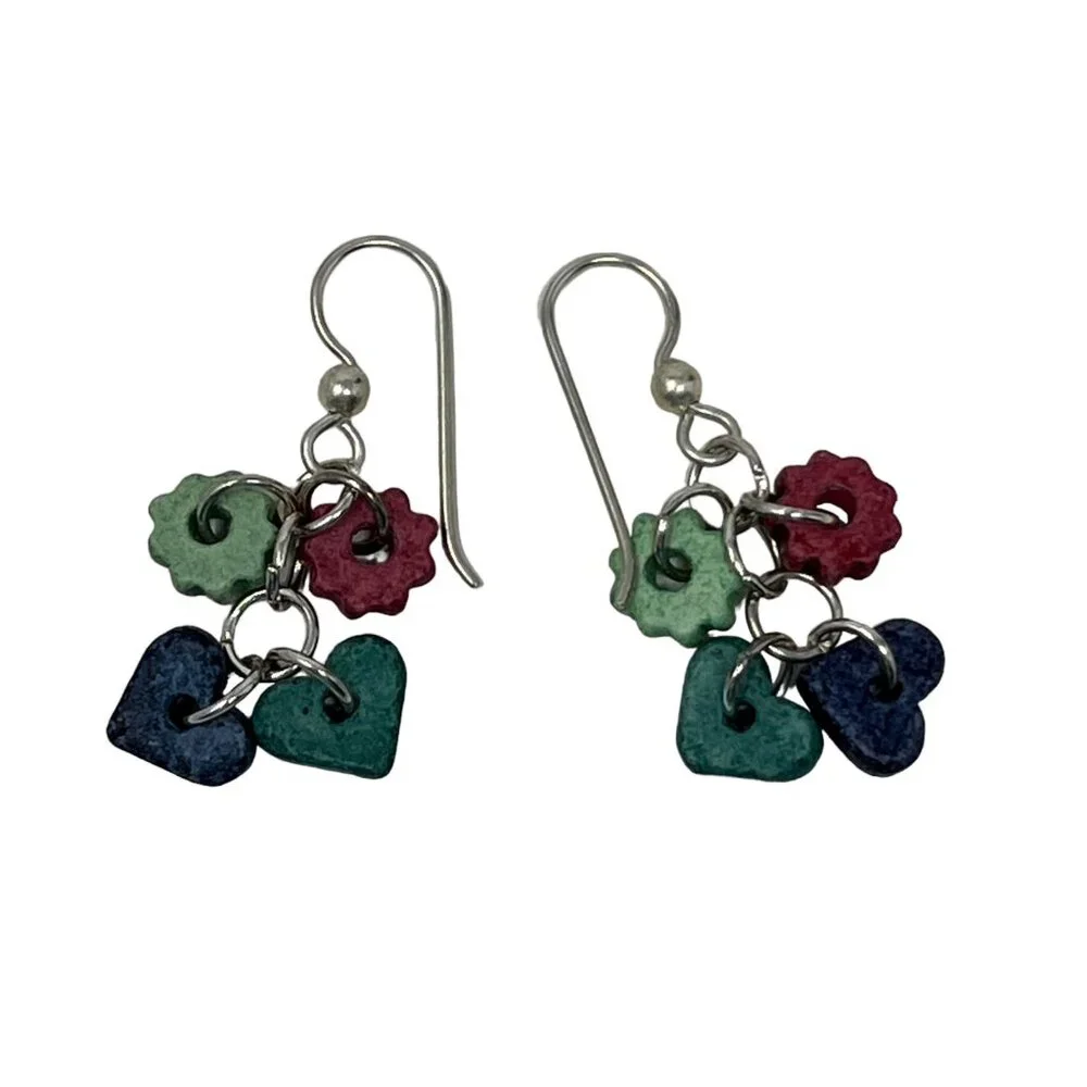 Handcrafted‎ Earrings Silver Tone Dangle Wire Ceramic Beads Hearts Cogs